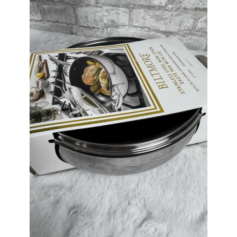 New Biltmore Stainless‎ Steel Non-Stick Saute Pan With Lid 5 Qt Tri-Ply Base